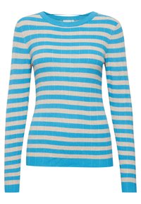 Blå och beige randig tröja, ribbad textur, långa ärmar, rund halsringning, med jämna horisontella ränder i varierande bredder.