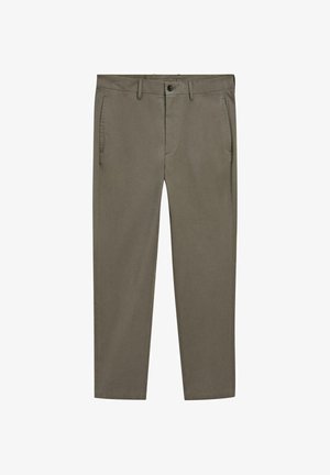 Khaki bomulds chinos med slim fit, med sidelommer, lynlås og knaplukning. Glat tekstur og lige ben design.