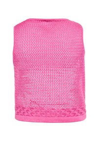 Top tricotat fără mâneci, de culoare roz, cu un design din plasă deschisă, țesătură texturată și un tiv decorativ împletit.
