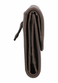 Brown leather wallet with stitched details, folded design, and a smooth texture. Features a slim profile and subtle clasp closure.