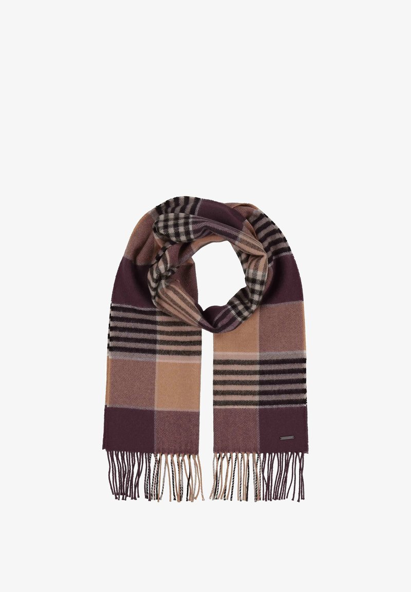 Scarf in misto lana con motivo a scacchi in tonalità di viola, beige e nero, con frange su entrambe le estremità.
