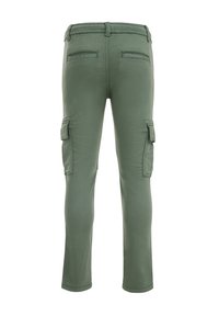 Olivgröna cargobyxor med två sidofickor och bakfickor. Slim fit, tillverkade av lätt tyg med en jämn textur.