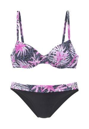 Bikini with floral patterned top in pink and gray tones, and solid black bottoms with matching floral waistband.