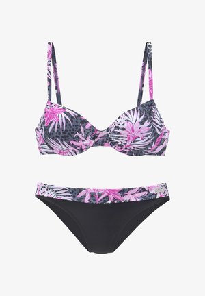 Bikini with floral patterned top in pink and gray tones, and solid black bottoms with matching floral waistband.
