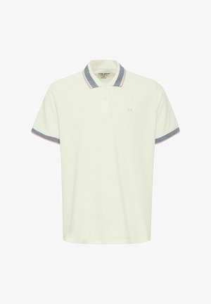 Polo majica v off-white bombažu z ovratnikom, ki vsebuje modre in roza detaile. Ima kratke rokave in majhen logotip na prsih.