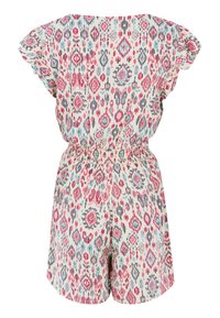 Korte mouwen romper van lichte stof met een meerkleurig geometrisch patroon. Elastische taille, shorts lengte en een ontspannen pasvorm.