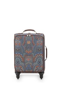 Hard-shell suitcase with a floral paisley pattern in blue, orange, and muted tones. Features black wheels, brown accents, and a top handle.