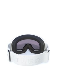 Hvide skibriller med sort stel, mørke glas og en hvid justerbar strop med præget tekst for en sikker pasform og komfort.