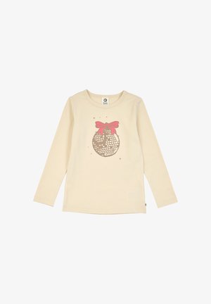 Langarmshirt in crèmekleur met een bruine discobal en een rode strik, centraal aan de voorkant.