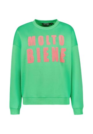 Groen sweatshirt met ronde hals en lange mouwen. Met de tekst "MOLTO BENE" in gestructureerde roze letters op de voorkant. Soepele stof.