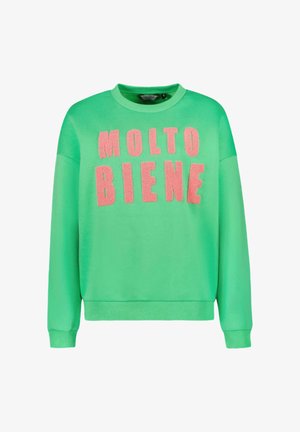 Groen sweatshirt met ronde hals en lange mouwen. Met de tekst "MOLTO BENE" in gestructureerde roze letters op de voorkant. Soepele stof.