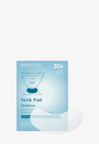 Pack de coussins pour le cou en bleu clair avec du texte blanc. Contient 30 coussins en silicone réutilisables conçus pour l'hydratation avec de l'acide hyaluronique.