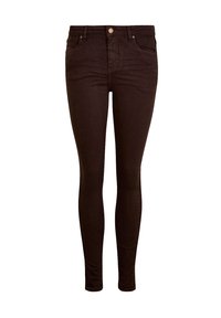 Jeans skinny marrón oscuro de denim, con un diseño clásico de cinco bolsillos, cierre de botón y textura suave sin desgastes visibles.