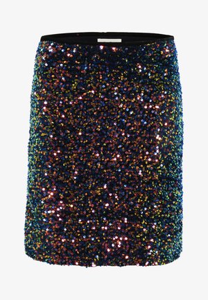 Paillettenrok met een aansluitende pasvorm, bedekt met multicolore pailletten op een glanzende blauw-zwarte basis en een elastische tailleband.