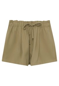 Short beige à taille élastique avec cordon de serrage à l'avant, en tissu léger, présenté sur un fond uni.