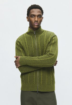 Jeune homme les bras croisés portant un pull vert en maille torsadée zippé et un pantalon foncé sur un fond clair uni.