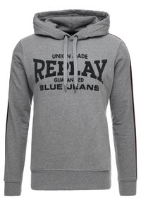 Felpa con cappuccio grigia con tasca a marsupio frontale, cappuccio con coulisse e testo del logo nero. Presenta strisce rosse a contrasto lungo le maniche. Tessuto morbido.