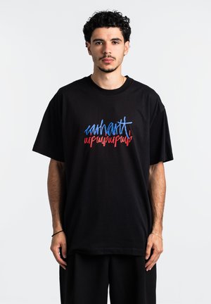 Black cotton t-shirt with short sleeves. Features colorful graffiti-style text in blue and red across the chest. Relaxed fit.