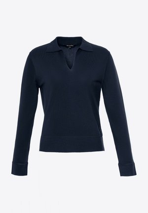 Marineblauer Pullover mit langen Ärmeln, V-Ausschnitt und Kragen, mit einer taillierten Passform und gerippten Bündchen. Glattes, strukturiertes Material.