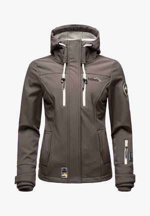 Pilkas minkštas striukė su aukštu apykakle, reguliuojama kapišonu, užtrauktukais uždaromomis kišenėmis ir siuvinėtu logotipu. Glotni tekstūra ir srauni dizaino linija.