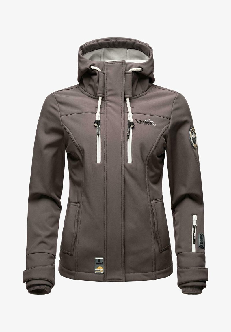 Pilkas minkštas striukė su aukštu apykakle, reguliuojama kapišonu, užtrauktukais uždaromomis kišenėmis ir siuvinėtu logotipu. Glotni tekstūra ir srauni dizaino linija.