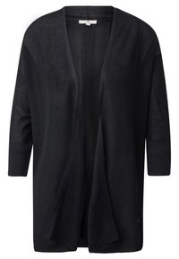 Svart öppen cardigan med trekvartslånga ärmar, ribbad textur, avslappnad passform, lätt material och inga knäppningar.