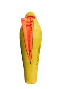 Jasno�żółty śpiwór z kapturem i pomarańczowym podszewką. Zawiera zamki błyskawiczne oraz oznakowanie "MAMMUT" po jednej stronie. Kompaktowy design.