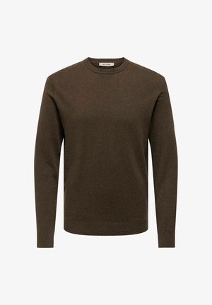 Bruine gebreide trui met een ronde hals, lange mouwen en geribbelde manchetten en zoom. Gladde textuur met een effen kleur, zonder patronen of accenten.