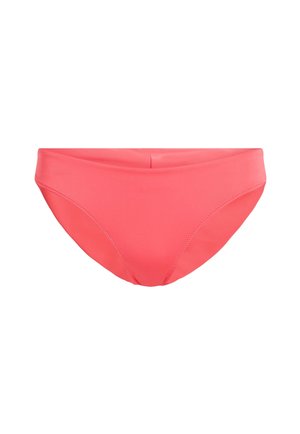 Koralo-różowe bikini dolne wykonane z gładkiego, elastycznego materiału; ma bezszwowe krawędzie oraz klasyczny krój zapewniający komfort i dobre dopasowanie.