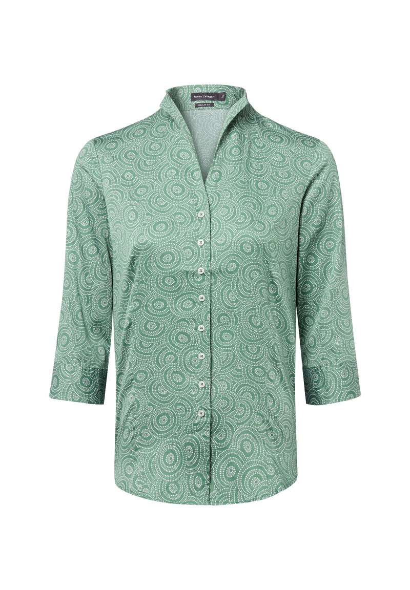 Groene blouse met een spiraalpatroon, 3/4 mouwen en knoopsluiting. Gemaakt van lichte stof met een gladde textuur.