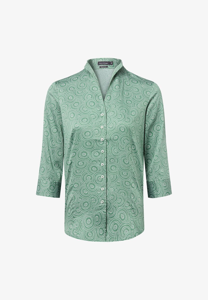 Groene blouse met een spiraalpatroon, 3/4 mouwen en knoopsluiting. Gemaakt van lichte stof met een gladde textuur.