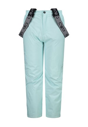 Lysblå skibukser lavet af vandtæt materiale med justerbare sorte seler, der har en lige benudskæring og lynlåsede lommer.