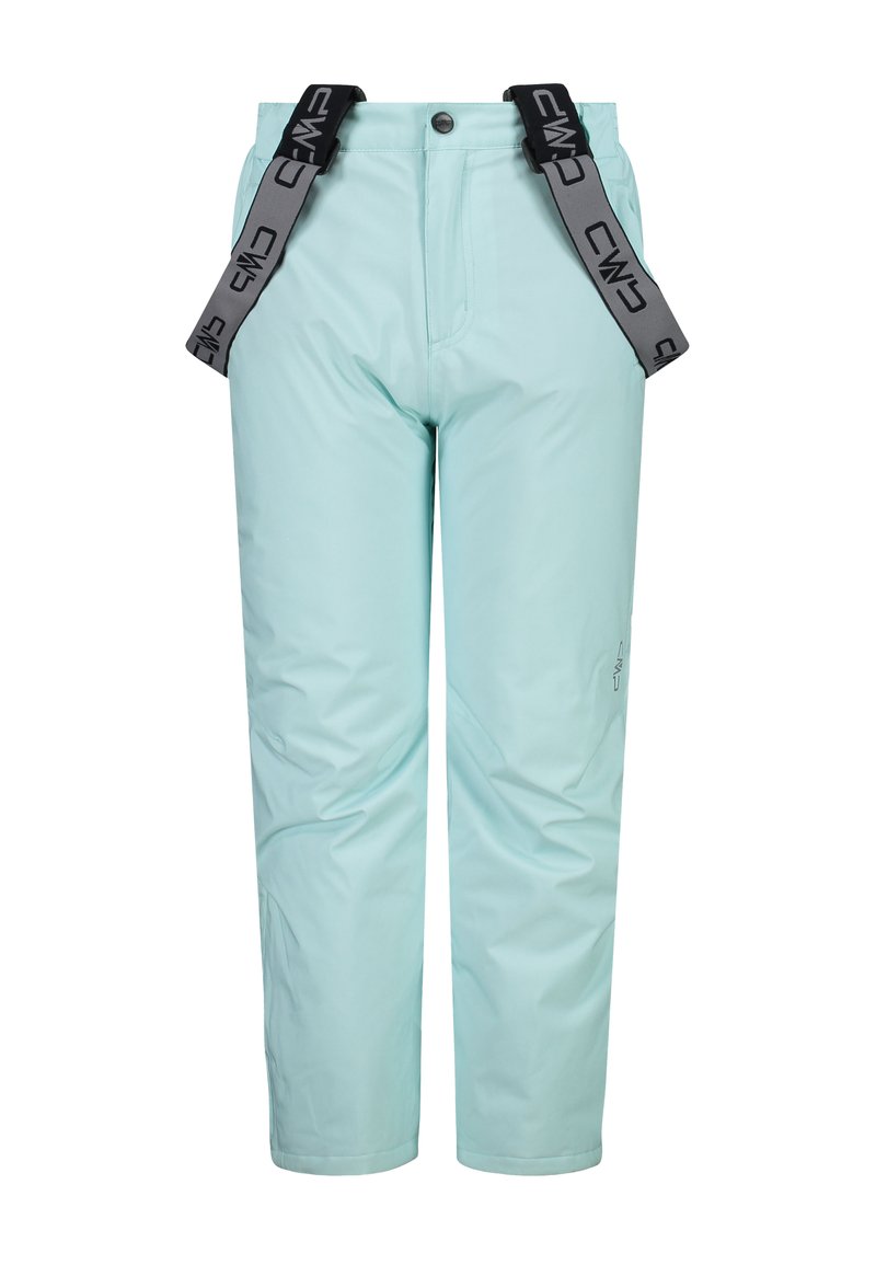 Lichtblauwe skibroek van waterdicht materiaal met verstelbare zwarte bretels, voorzien van een recht model en ritszakken.