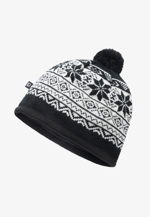 Cappello invernale lavorato a maglia in bianco e nero con pompon in cima, intricati motivi di fiocchi di neve e un morbido rivestimento in pile.