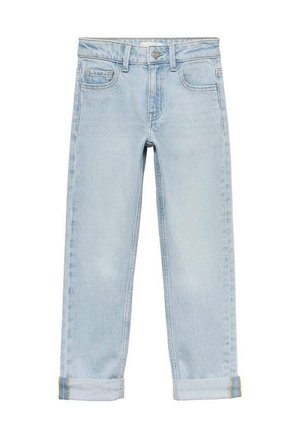 Hellblaue Denim-Jeans mit schmal zulaufender Passform, ausgestattet mit Knopfverschluss, Vordertaschen und umgeschlagenen Bündchen. Glatte Textur und klassisches Design.