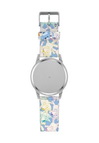 Orologio analogico con cassa in acciaio inox argentato e un cinturino in silicone decorato con design colorati di cartoni su uno sfondo blu chiaro.