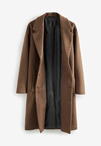 Brauner Wollmantel mit Reverskragen, offenem Vorderteil und zwei seitlichen Taschen. Futter in Schwarz, mit einem klassischen, taillierten Design.