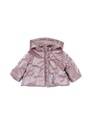 Doudoune mauve brillante avec capuche, manches longues et motifs matelassés en forme de cœur sur le tissu.