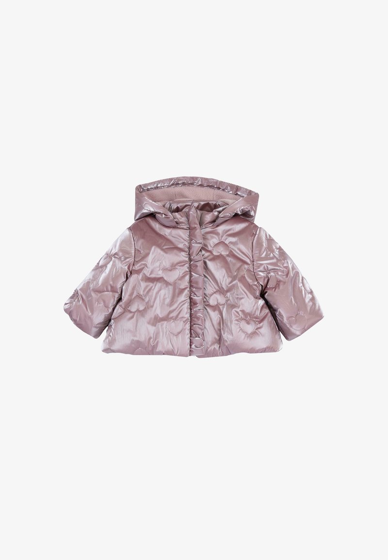 Doudoune mauve brillante avec capuche, manches longues et motifs matelassés en forme de cœur sur le tissu.
