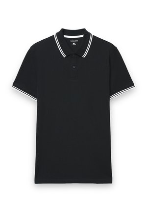 Polo nero in cotone con dettagli a righe bianche sul colletto e sulle maniche; presenta una patta con tre bottoni e una vestibilità comoda.