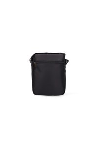 Borsa a tracolla nera realizzata in nylon resistente, con tasca zip frontale, forma rettangolare e tracolla regolabile.