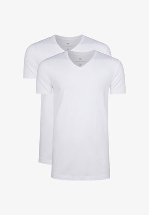 Two white cotton t-shirts with a v-neck design and short sleeves. The fabric appears smooth and lightweight, suitable for casual wear.