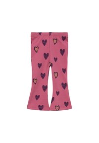 Uitlopende legging, roze katoenen stof met een gladde textuur, met een patroon van verschillende harten in donkerpaarse en gele accenten.