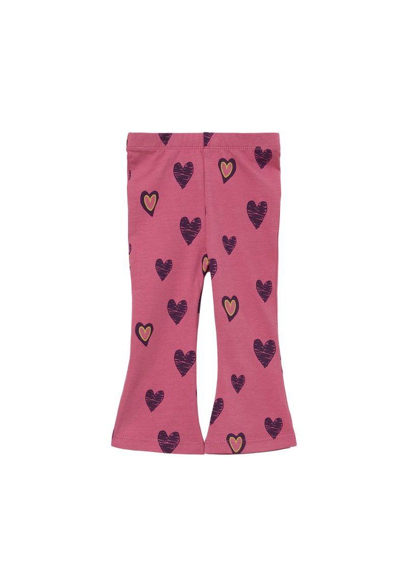 Uitlopende legging, roze katoenen stof met een gladde textuur, met een patroon van verschillende harten in donkerpaarse en gele accenten.