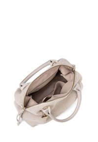 Borsa a strisce beige con manici in pelle liscia, zip in metallo dorato e un ampio interno in tessuto con numerosi scomparti.