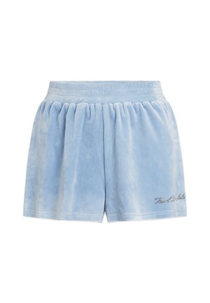 Lichtblauwe fluwelen shorts met een elastische tailleband, voorzien van een geplooide textuur en geborduurde tekst aan de linksonderkant.