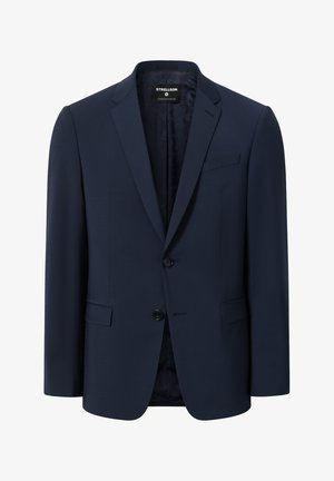 Navy blue tailored blazer made of smooth fabric, featuring a single vent, two buttons, and a pocket on the left side. Lined interior.