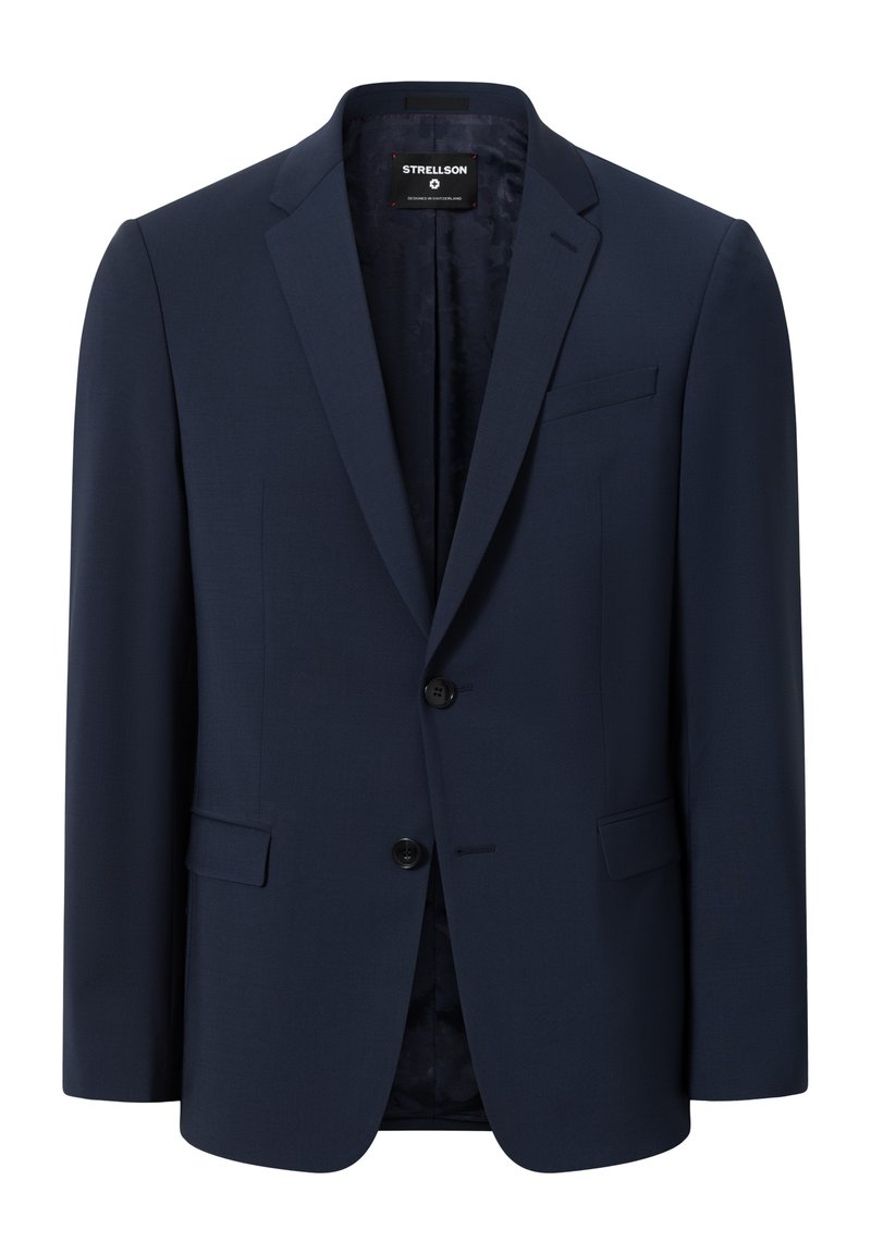 Blazer entallado de color azul marino hecho de tela suave, con una abertura en la parte trasera, dos botones y un bolsillo en el lado izquierdo. Con forro interior.