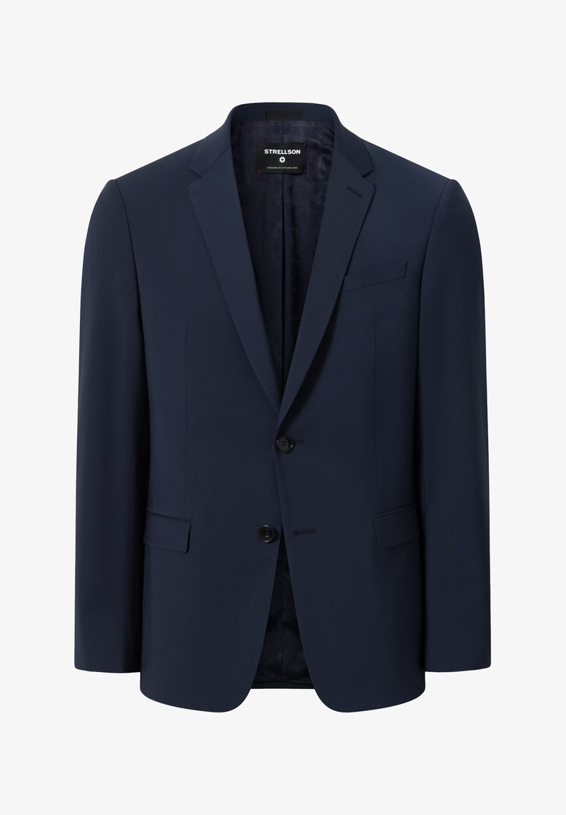 Marineblauwe op maat gemaakte blazer van gladde stof, met een enkele split, twee knopen en een zak aan de linkerkant. Voering aan de binnenkant.