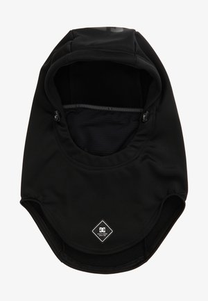 Czarna, miękka tkaninowa kominiarka z regulowanymi trokami oraz małą naszywką z logo marki DC na dolnym środku przodu.